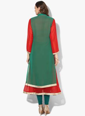 Zoeyams womens green & red georgette gota embroidery double layer long anarkali kurti 4