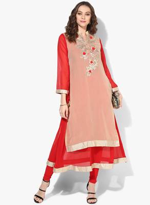 Zoeyams womens biege & red georgette gota embroidery double layer long anarkali kurti 1