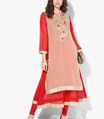 Zoeyams womens biege & red georgette gota embroidery double layer long anarkali kurti