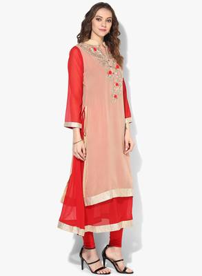 Zoeyams womens biege & red georgette gota embroidery double layer long anarkali kurti 2