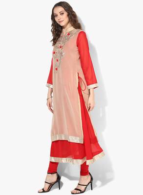 Zoeyams womens biege & red georgette gota embroidery double layer long anarkali kurti 3