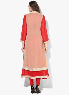 Zoeyams womens biege & red georgette gota embroidery double layer long anarkali kurti 4
