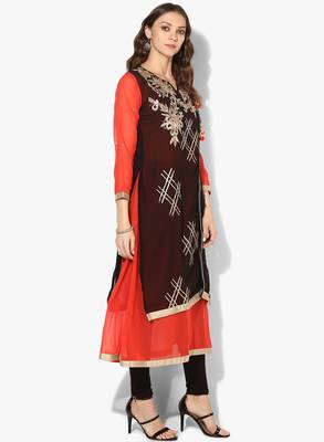 Zoeyams womens black georgette gota embroidery double layer long anarkali kurti 2