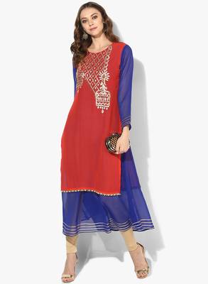 Zoeyams womens red georgette gota embroidery double layer long anarkali kurti 1