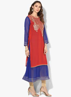 Zoeyams womens red georgette gota embroidery double layer long anarkali kurti 2