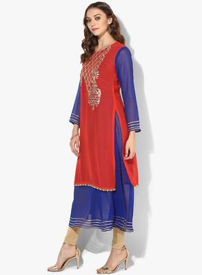 Zoeyams womens red georgette gota embroidery double layer long anarkali kurti 3