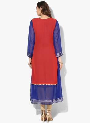Zoeyams womens red georgette gota embroidery double layer long anarkali kurti 4