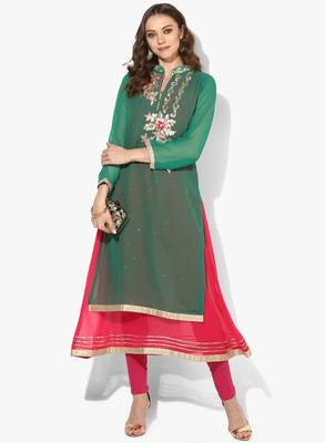 Zoeyams womens green georgette gota embroidery double layer long anarkali kurti 1