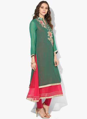 Zoeyams womens green georgette gota embroidery double layer long anarkali kurti 2
