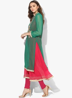 Zoeyams womens green georgette gota embroidery double layer long anarkali kurti 3