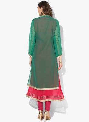 Zoeyams womens green georgette gota embroidery double layer long anarkali kurti 4