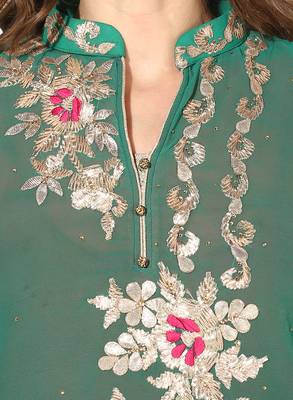Zoeyams womens green georgette gota embroidery double layer long anarkali kurti 5
