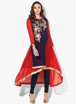 Zoeyams womens blue & red georgette gota embroidery double layer long anarkali kurti 1