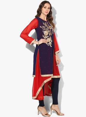 Zoeyams womens blue & red georgette gota embroidery double layer long anarkali kurti 2