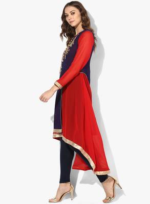 Zoeyams womens blue & red georgette gota embroidery double layer long anarkali kurti 3