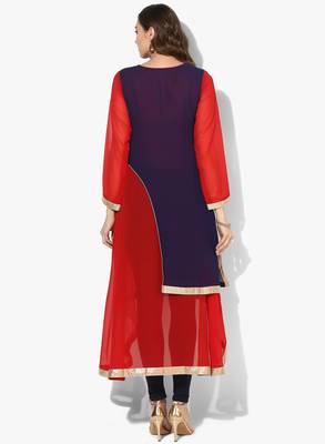 Zoeyams womens blue & red georgette gota embroidery double layer long anarkali kurti 4