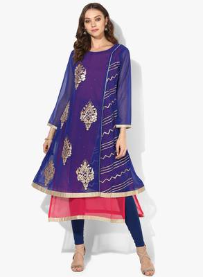 Zoeyams womens blue georgette gota embroidery double layer long anarkali kurti 1