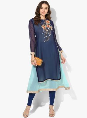 Zoeyams womens blue georgette gota embroidery double layer long anarkali kurti 1