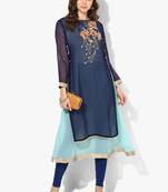 Zoeyams womens blue georgette gota embroidery double layer long anarkali kurti