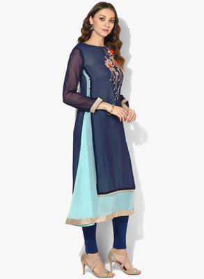 Zoeyams womens blue georgette gota embroidery double layer long anarkali kurti 2
