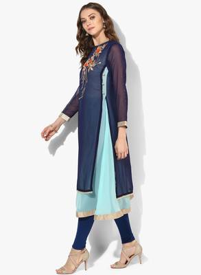 Zoeyams womens blue georgette gota embroidery double layer long anarkali kurti 3