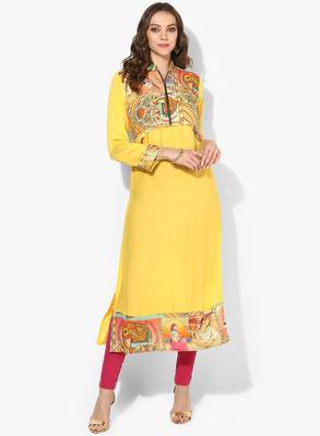 Zoeyams womens yellow rayon screen prints long straight kurti 1