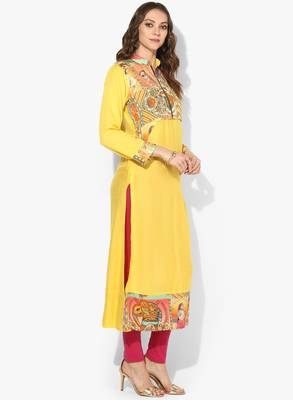 Zoeyams womens yellow rayon screen prints long straight kurti 2