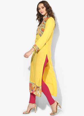 Zoeyams womens yellow rayon screen prints long straight kurti 3