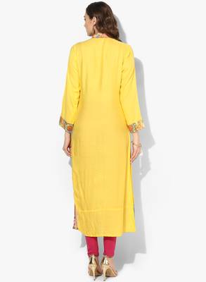 Zoeyams womens yellow rayon screen prints long straight kurti 4