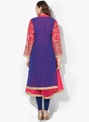 Zoeyams womens blue georgette gota embroidery double layer long anarkali kurti 4