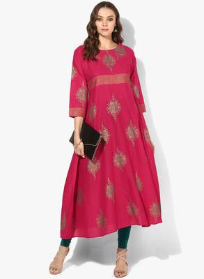 Zoeyams womens pink cotton block prints long anarkali kurti 1