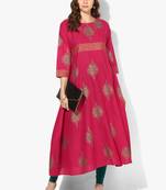 Zoeyams womens pink cotton block prints long anarkali kurti