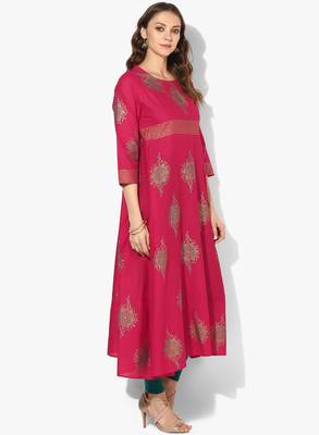 Zoeyams womens pink cotton block prints long anarkali kurti 2