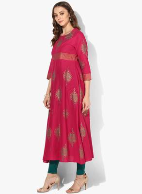 Zoeyams womens pink cotton block prints long anarkali kurti 3