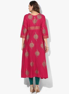 Zoeyams womens pink cotton block prints long anarkali kurti 4