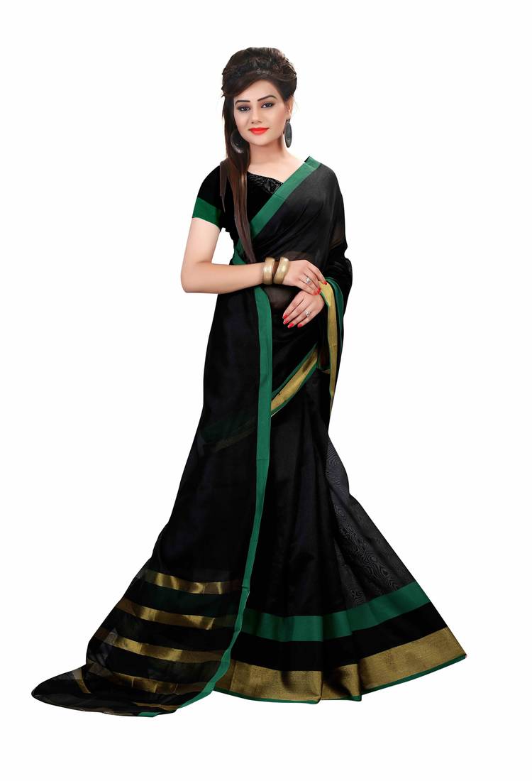 Black Printed Cotton Saree With Unstitched Blouse Piece main image 1