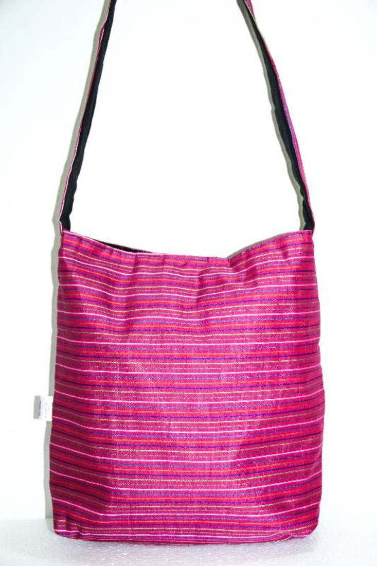 Bright Pink threaded multiple strips unisex jhola bag