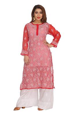 Red Embroidered Faux Georgette Chikankari Kurti 1