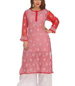 Red Embroidered Faux Georgette Chikankari Kurti