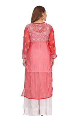 Red Embroidered Faux Georgette Chikankari Kurti 2