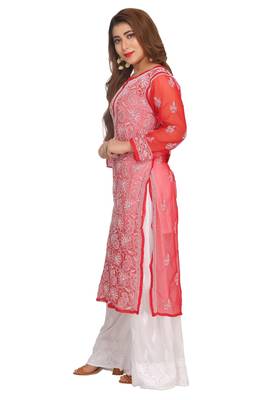 Red Embroidered Faux Georgette Chikankari Kurti 3