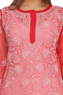 Red Embroidered Faux Georgette Chikankari Kurti 4