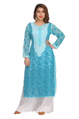 Blue Embroidered Faux Georgette Chikankari Kurti 1