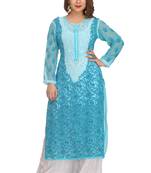 Blue Embroidered Faux Georgette Chikankari Kurti