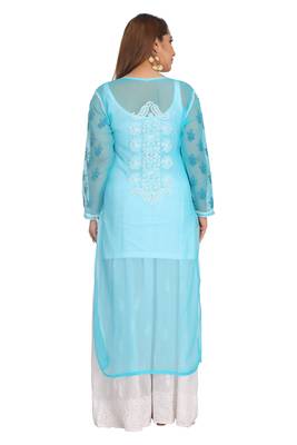 Blue Embroidered Faux Georgette Chikankari Kurti 2