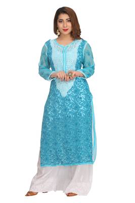 Blue Embroidered Faux Georgette Chikankari Kurti 3