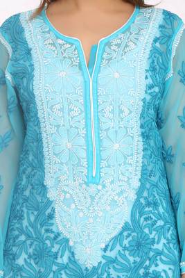 Blue Embroidered Faux Georgette Chikankari Kurti 4