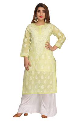 Green Embroidered Cotton Chikankari Kurti 1