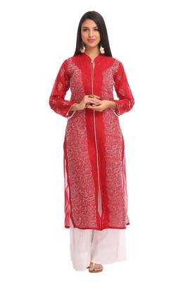 Ada Hand Embroidered Maroon Cotton Lucknowi Chikankari Indian Women Kurta - A230238 1