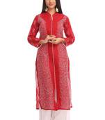 Ada Hand Embroidered Maroon Cotton Lucknowi Chikankari Indian Women Kurta - A230238